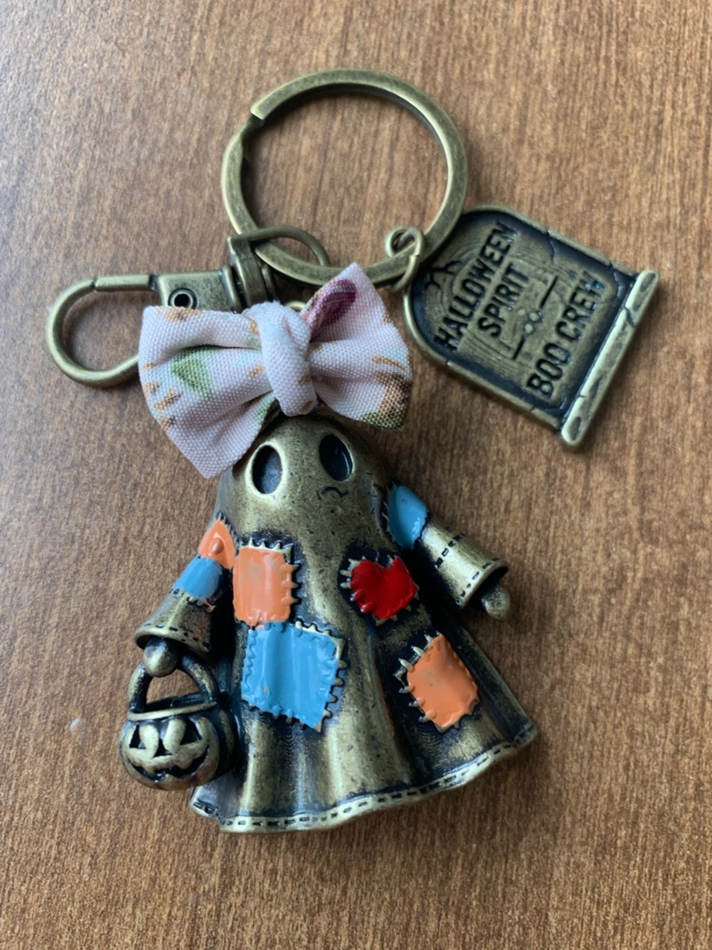 Halloween Ghost Keychain Charm with Blue and Orange Patchwork
